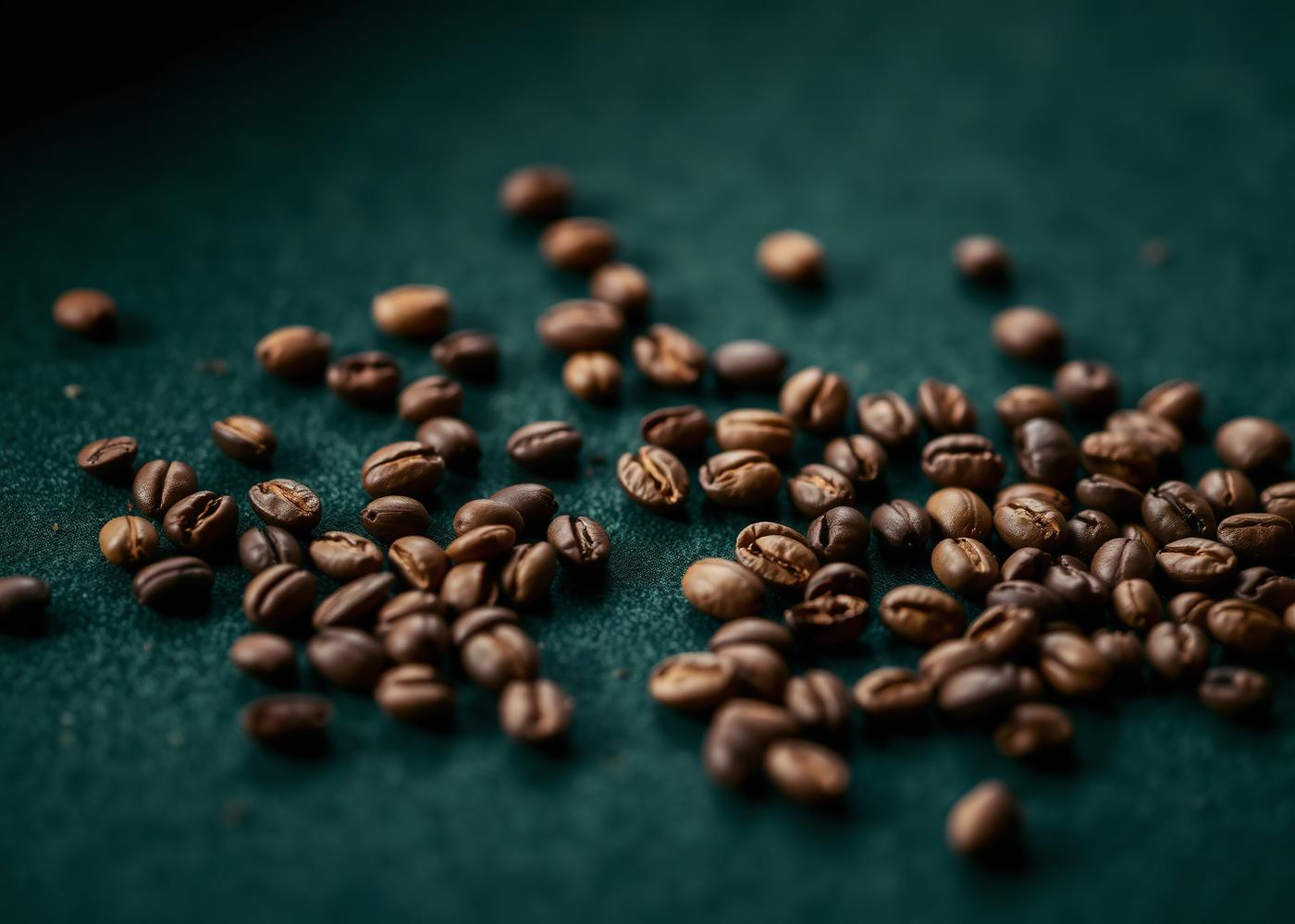 Roasted coffee beans on a deep green surface