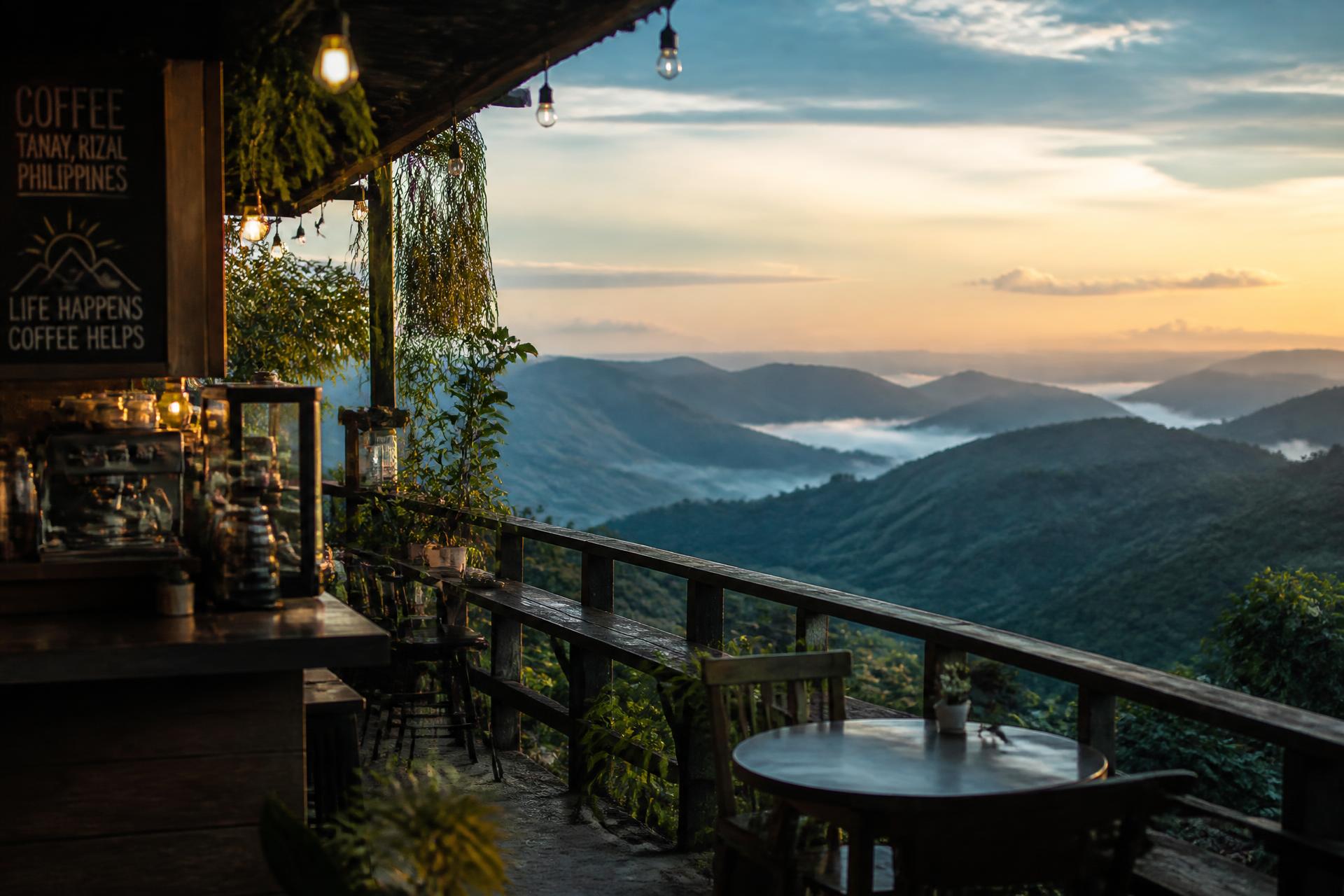 Mountain view terrace at Palpitate Coffee Tanay during golden hour