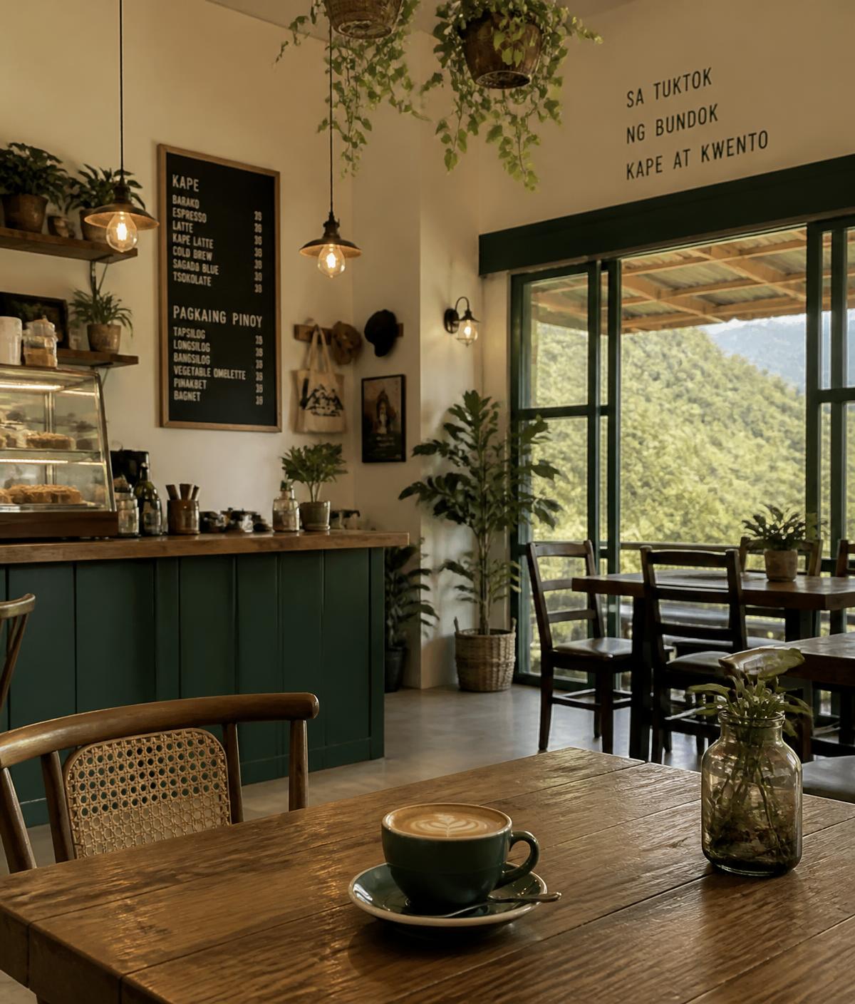 Interior of Palpitate Coffee Tanay with forest green counter and mountain-facing windows